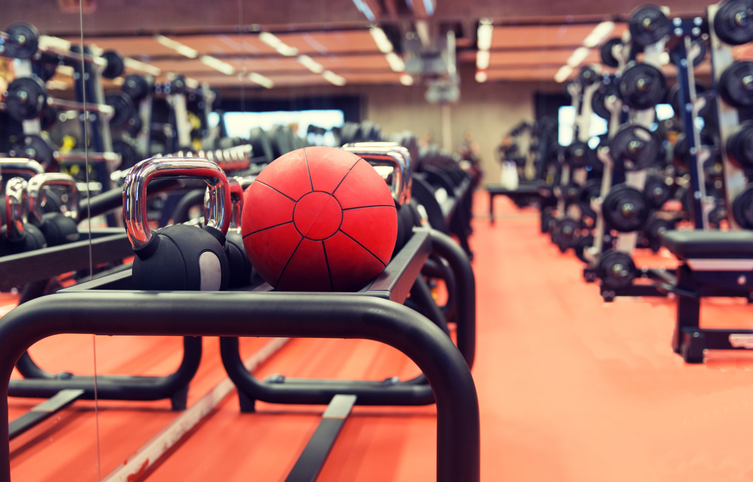 medicine ball and sports equipment in gym