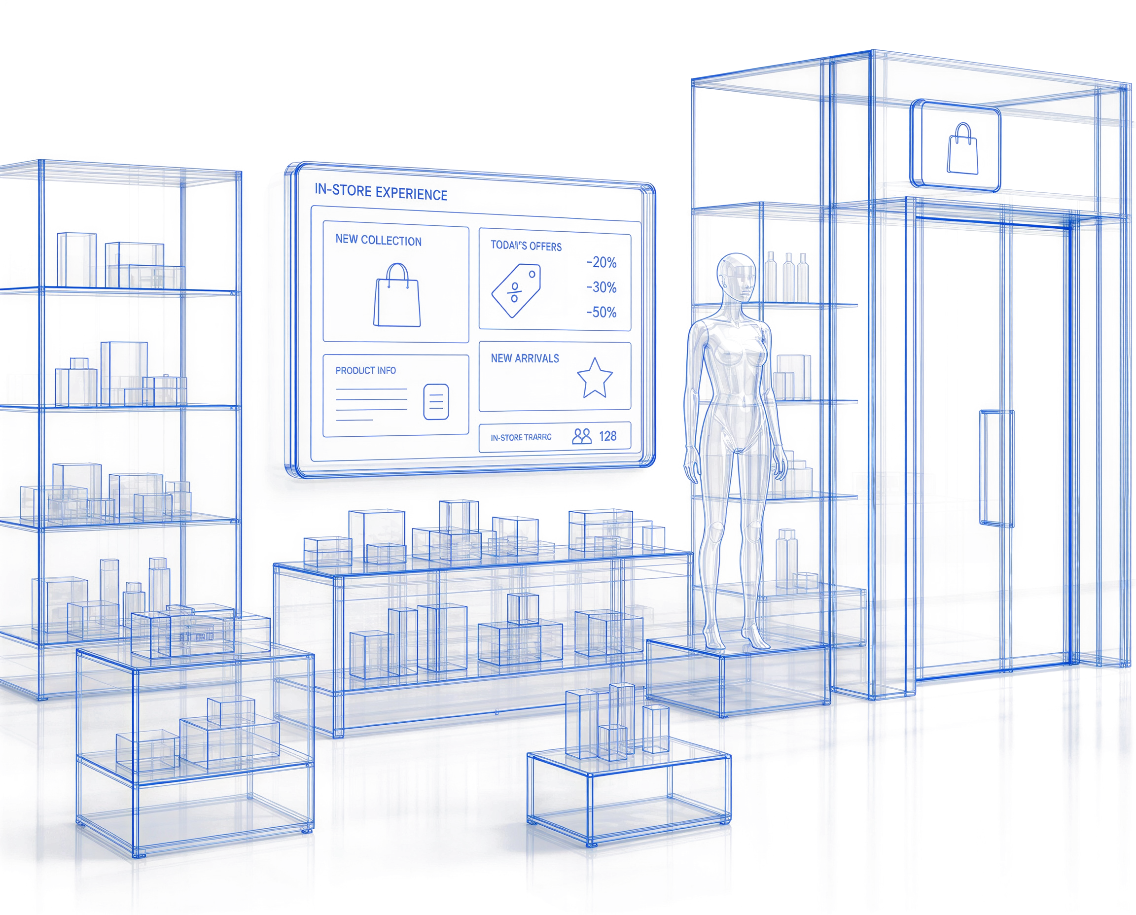 Vetrina di uno store con display digitali